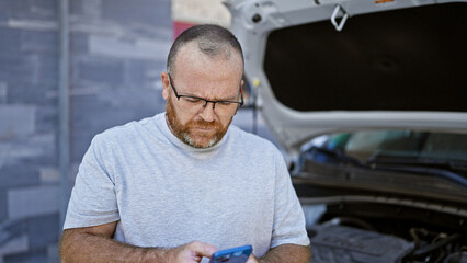 Handsome middle-aged caucasian man, with a beard and glasses, unhappily typing a repair message on his smartphone, standing outdoors on an urban street next to his broken-down car