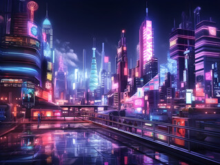 Fototapeta na wymiar Modern Asian Future Neon City at Night AI Artwork
