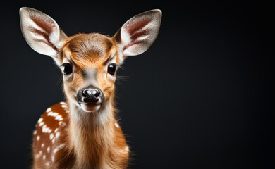 Portrait of a cute baby deer on a black background. Studio shot.
