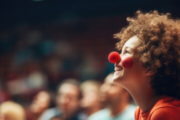 curly red-haired girl with a clown nose, April 1st, April Fool's Day, funny clown, circus performer