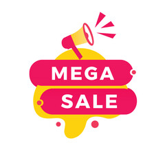 Mega sale, banner, label icon megaphone. Design for announcement or promotion. Flat vector sign.