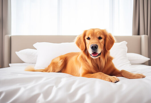 golden retriever lies on a white bed in a bright room with a window framed by gray curtains