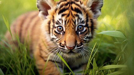Fototapeta premium cute tiger cub lies on the green grass on a sunny day