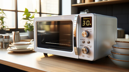Modern microwave oven on counter in stylish kitchen