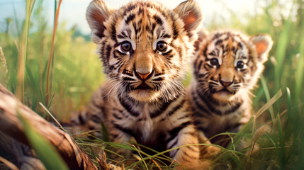 Two tiger cub brothers are playing in the tall grass