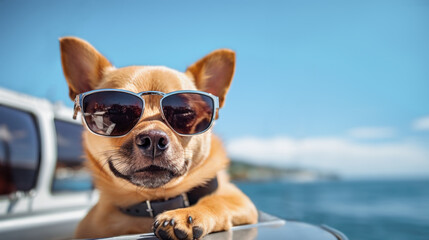 dog on the deck of a yacht sunbathing in the sun with sunglasses - obrazy, fototapety, plakaty