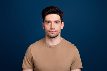 Fototapeta premium Photo of attractive virile nice man wear pastel clothes isolated on dark blue color background