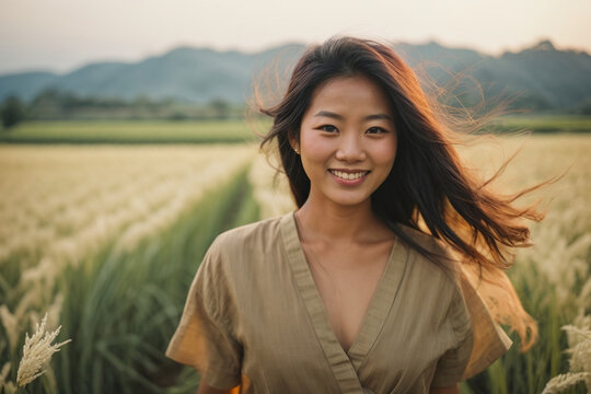 asian woman portrait in the rice field