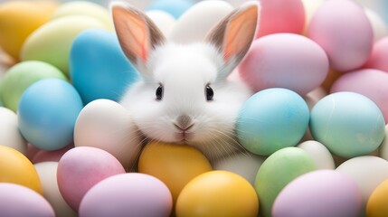 Naklejka na ściany i meble Fluffy white rabbit with colorful eggs. Easter, spring, holiday concepts.