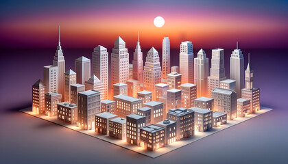 A papercraft-style city skyline at dusk. The skyline features a wide array of buildings stretching into the distance, showcasing diverse architectural designs.