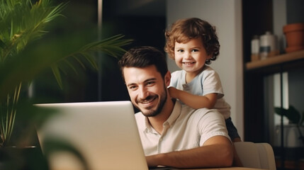Young working father working with laptop while babysitting his playful child at home.