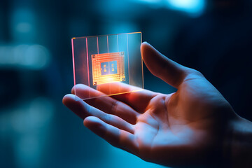 person hand holds a glass plate with a microchip on it.