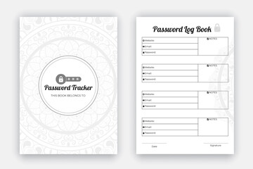 Mandala style password tracker daily planner log book notebook diary layout design template, personal and website data format, black and white paper reminder journal interior