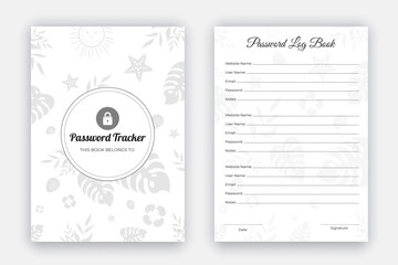 Password tracker daily planner log book, notebook, diary layout design on nature flower leaf background template, personal and website data format, black and white paper reminder, journal, interior