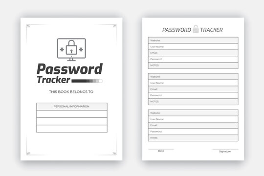 Password tracker log book layout, KDP interior template to store your personal information, black and white paper reminder journal interior