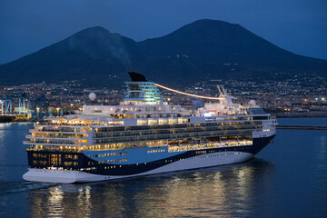 Marella cruiseship cruise ship liner Explorer 2 sail away departure from port of Naples, Italy with...