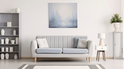 A Plush Grey Settee in a Well-Appointed Apartment, Complemented by a Lamp and Wall Art