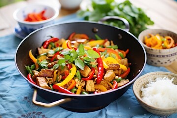 tempeh stir-fry with colorful bell peppers in wok
