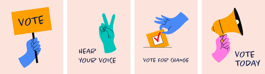 Vote, election concept design with hand drawn hands holding Vote sign, leaving vote, participate in voting, holding a megaphone, hand leaving paper in ballot box. Modern minimal style. Poster, banner