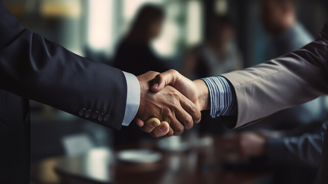 Businessmen making handshake in the city - business etiquette, congratulation, merger and acquisition concepts, panoramic banner