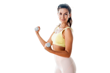A young slender woman doing exercises with fitness equipment dumbbells in her hands. Transparent background.