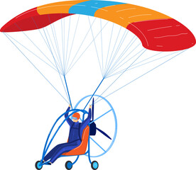 Person flying on a powered paraglider with a colorful wing. Adventure sports and recreational aerial activity vector illustration.