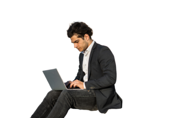 A businessman uses a laptop computer, a positive man stands in a suit. The manager in the office is an employee of the company. Transparent background.