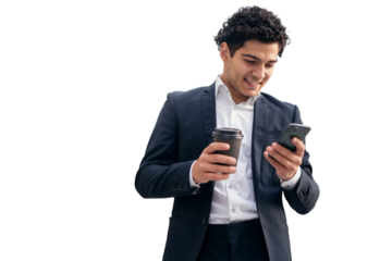 A businesslike, positive man in a suit uses a phone to write a message. The manager in the office is an employee of the company. Transparent background.