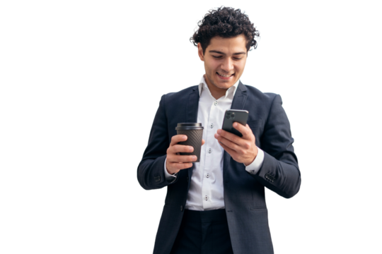 A business man in a suit uses a phone to write a message. The manager in the office is an employee of the company. Transparent background. - Powered by Adobe