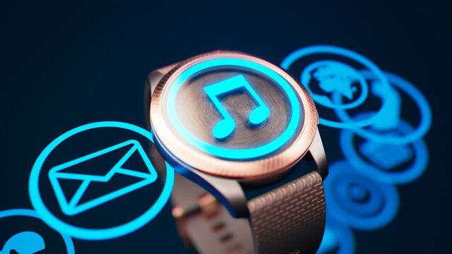 Modern glamour smartwatch shows a variety of functions with blue icons. 4K HD