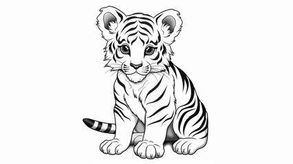 coloring page for kids, baby tiger, cartoon style, thick line, low detail, no shading