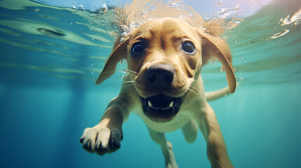 dog underwater photo swimming pool catching ball - obrazy, fototapety, plakaty