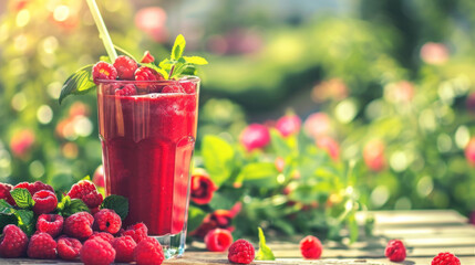Raspberry smoothie served in blossoming garden, healthy refreshing summer drink - obrazy, fototapety, plakaty