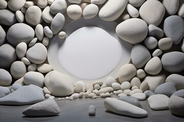 A white object is surrounded by numerous gray rocks and pebbles. Generative AI