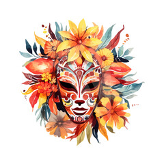 African mask with flowers watercolor. Vector illustration design.
