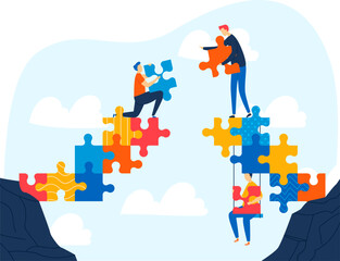 Team of people constructing puzzle bridge across cliff. Teamwork and problem solving in business, strategy concept vector illustration.