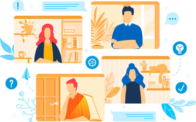 Young adults in virtual meeting, man and woman working from home offices, online conference. Remote work and digital communication vector illustration.