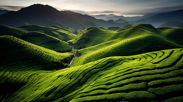 The tea plantations background , Tea plantations in morning light
