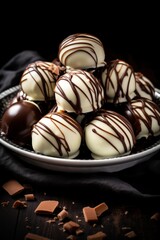 White chocolate pralines on a plate on black background