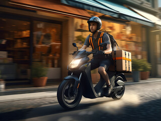 Fototapeta na wymiar Motorbike Food Delivery Guy in Work in a City AI Artwork