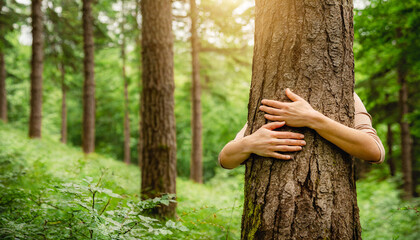 A woman stand behind the the tree trunk and give a hug in green forest environment, generative AI
