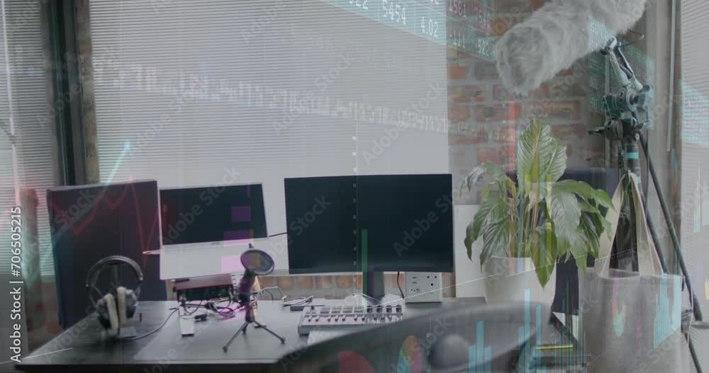 Poster animation of data processing over computers on desk in office