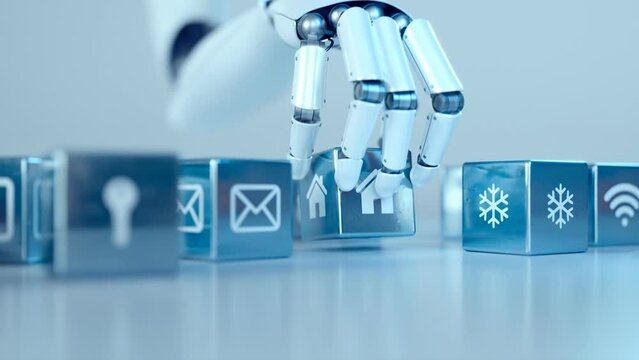 Advanced robotic arm stacking metallic cubes with smart home icons. Render CGI