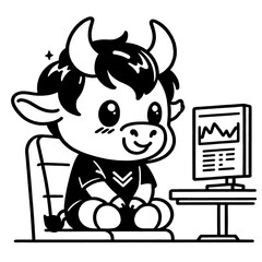 little bull happily engaged in stock trading.