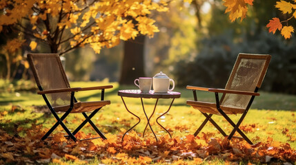 Wooden chair in autumn garden. Vintage radio on table. Wooden deckchair on green summer lawn on picnic.