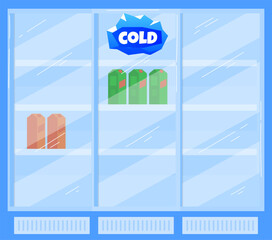 Blue refrigerator with a COLD sign displaying milk and juice cartons inside. Clear glass with visible shelves. Commercial fridge or cooler in a store vector illustration.