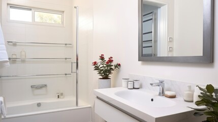 Fototapeta na wymiar A New, White, and Stylish Bathroom in a Contemporary Home