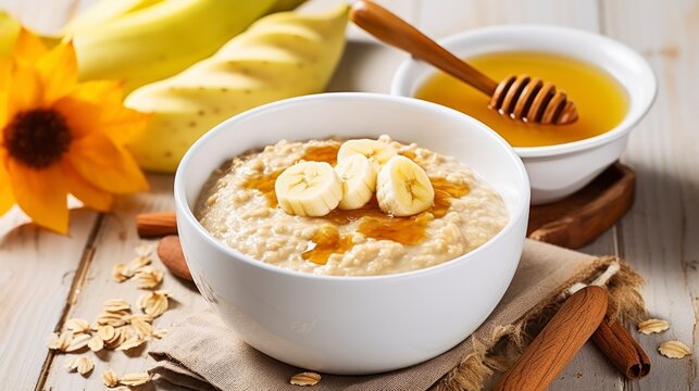 Autumn-Inspired Oatmeal with Banana, Honey, and Yogurt in a White Bowl on a Wooden Background