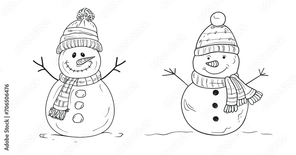 Poster continuous one line drawing of tree and snowman in hat with scarf.