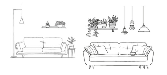 Continuous one line drawing of sofa and wall shelf with potted plants and floor lamp - obrazy, fototapety, plakaty